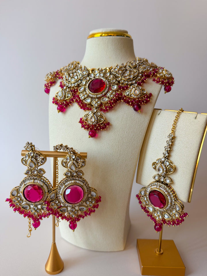Sharina Indiase kundan sieradenset fuchsia